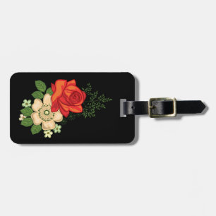 Red Rose and Daisies Black Background Luggage Tag