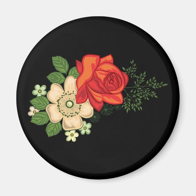 Red Rose and Daisies Black Background Magnet (Front)