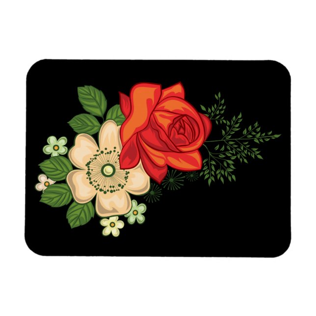 Red Rose and Daisies Black Background Magnet (Horizontal)