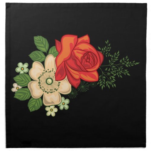 Red Rose and Daisies Black Background Napkin