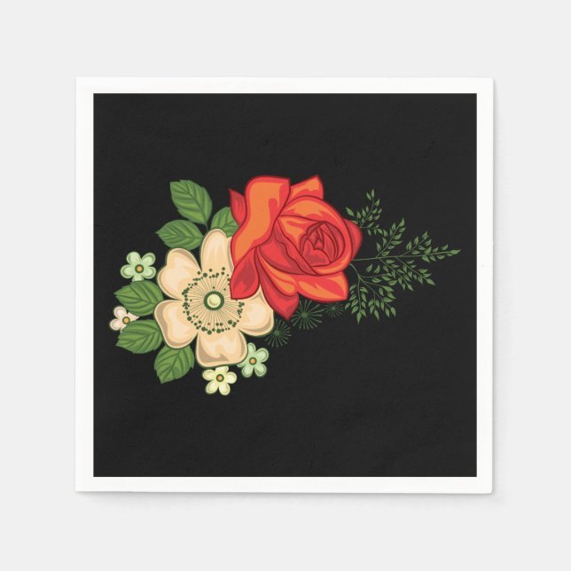 Red Rose and Daisies Black Background Napkins (Front)