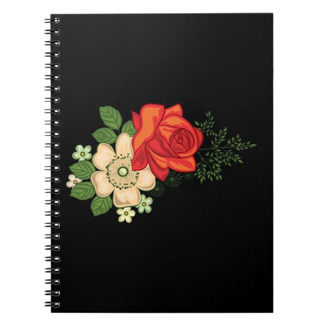 Red Rose and Daisies Black Background Notebook (Front)