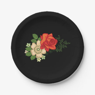 Red Rose and Daisies Black Background Paper Plates