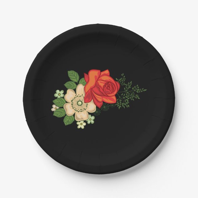 Red Rose and Daisies Black Background Paper Plates (Front)