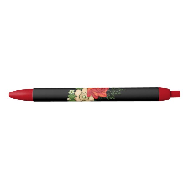 Red Rose and Daisies Black Background Pen (Front)