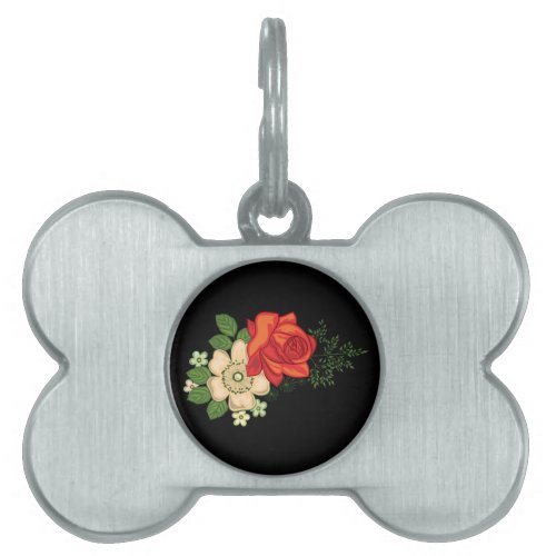 Red Rose and Daisies Black Background Pet ID Tag