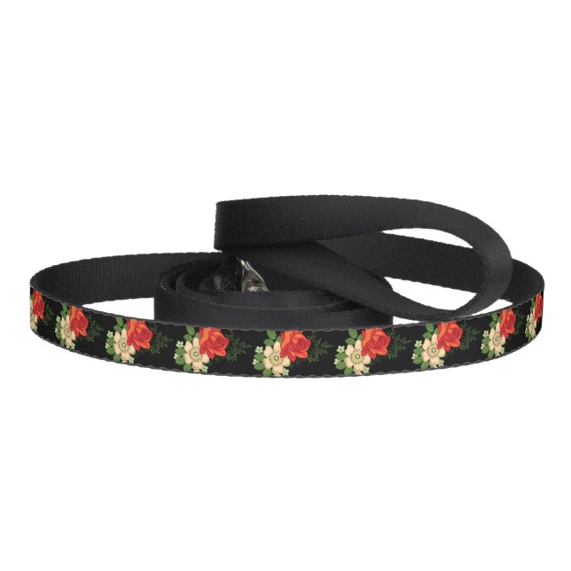 Red Rose and Daisies Black Background Pet Leash (Handle)