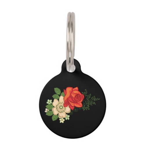 Red Rose and Daisies Black Background Pet Name Tag