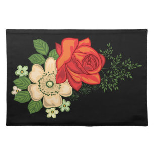 Red Rose and Daisies Black Background Placemat