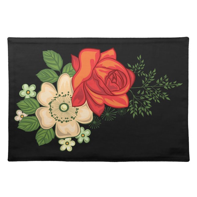 Red Rose and Daisies Black Background Placemat (Front)