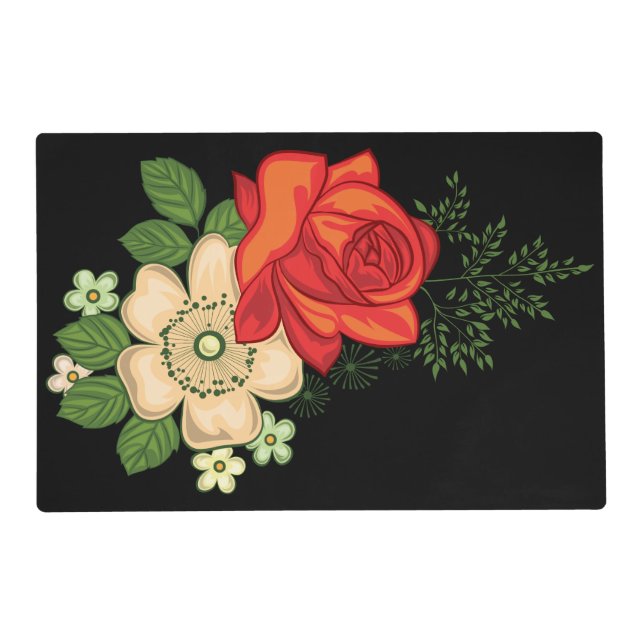 Red Rose and Daisies Black Background Placemat (Front)
