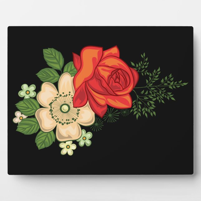Red Rose and Daisies Black Background Plaque (Front)