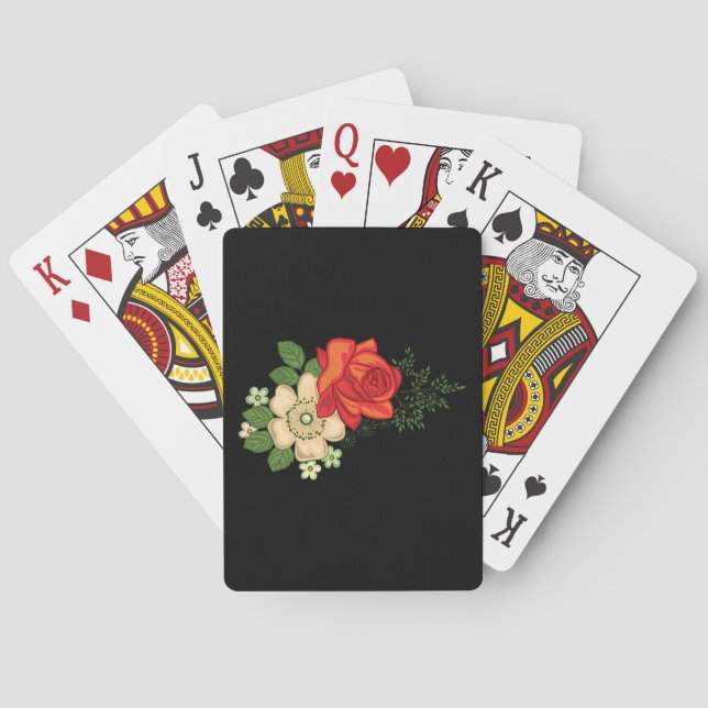 Red Rose and Daisies Black Background Poker Cards (Back)