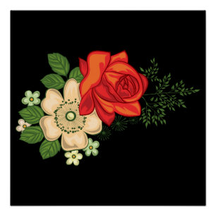 Red Rose and Daisies Black Background Poster