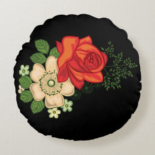 Red Rose and Daisies Black Background Round Pillow