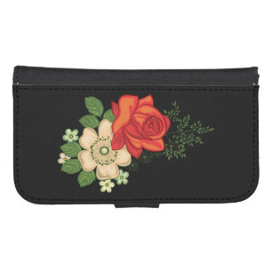 Red Rose and Daisies Black Background Wallet Phone Case For Samsung Galaxy S4