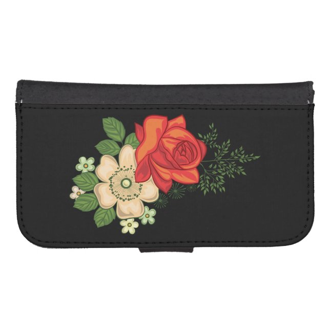 Red Rose and Daisies Black Background Samsung Galaxy Wallet Case (Front (Horizontal))