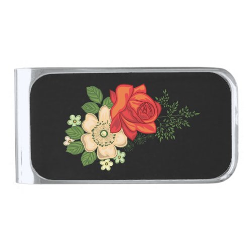 Red Rose and Daisies Black Background Silver Finish Money Clip