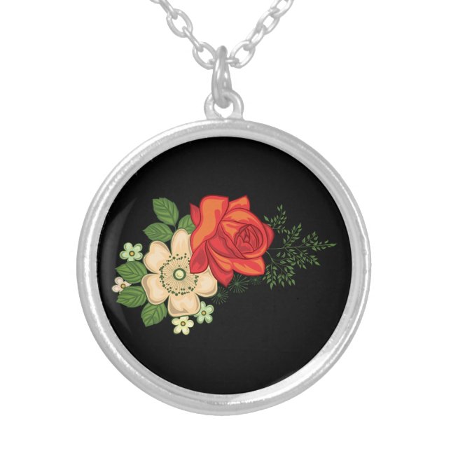 Red Rose and Daisies Black Background Silver Plated Necklace (Front)