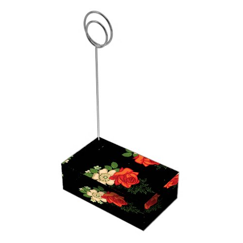 Red Rose and Daisies Black Background Table Number Holder