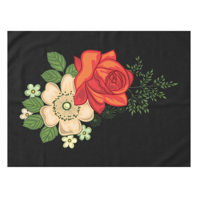 Red Rose and Daisies Black Background Tablecloth (Front (Horizontal))
