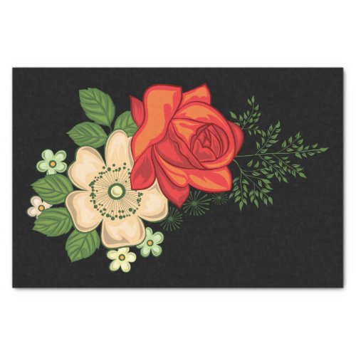 Red Rose and Daisies Black Background Tissue Paper