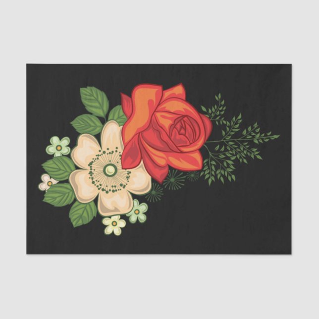 Red Rose and Daisies Black Background Tissue Paper (Front)