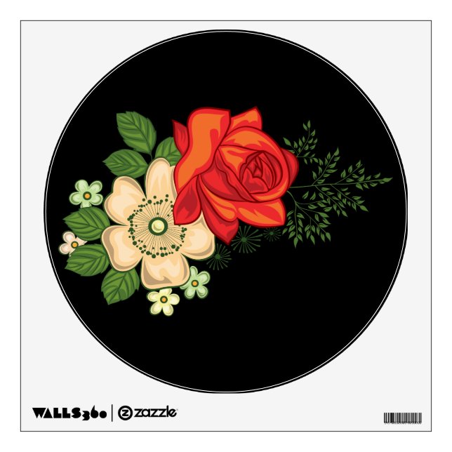 Red Rose and Daisies Black Background Wall Sticker (Front)