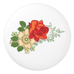 Red Rose and Daisies Ceramic Knob
