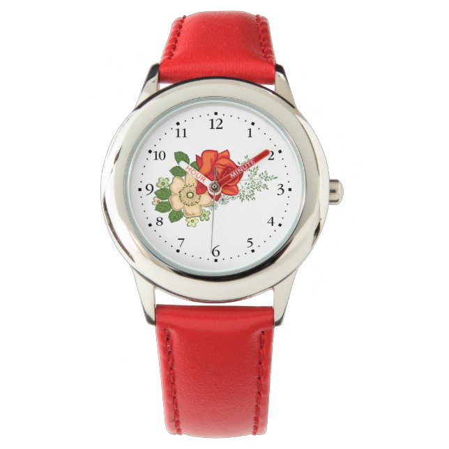 Red Rose and Daisies Clockface 1 Black Watch (Front)