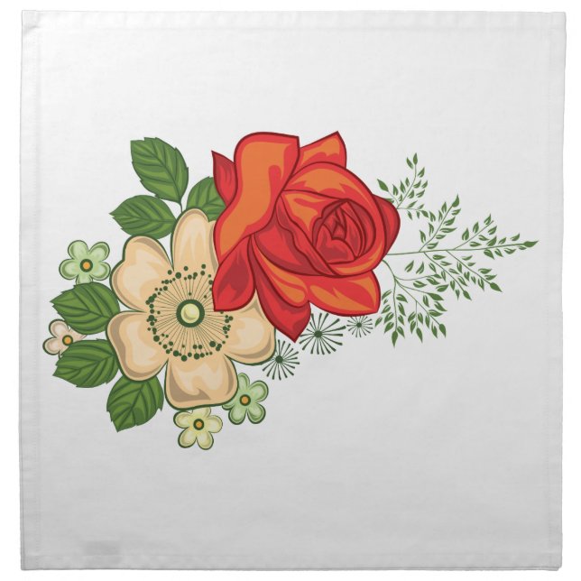 Red Rose and Daisies Cloth Napkin (Front)