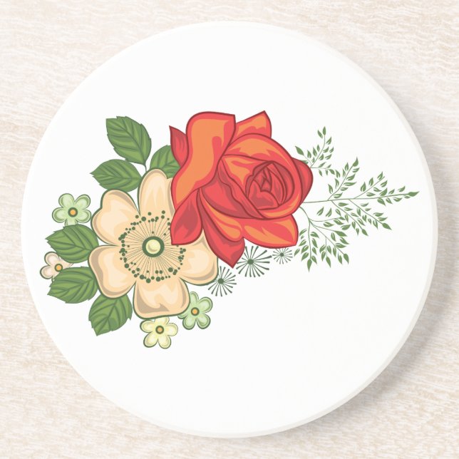 Red Rose and Daisies Drink Coaster (Front)