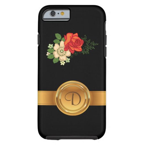 Red Rose and Daisies Gold Monogram Name Tough iPhone 6 Case