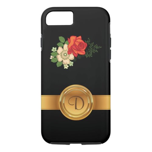 Red Rose and Daisies Gold Monogram Name iPhone 87 Case