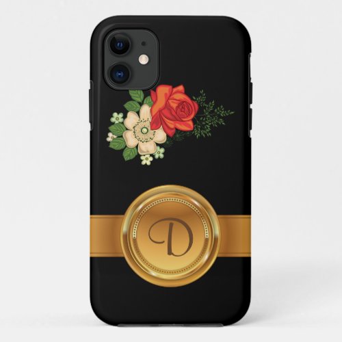 Red Rose and Daisies Gold Monogram Name iPhone 11 Case