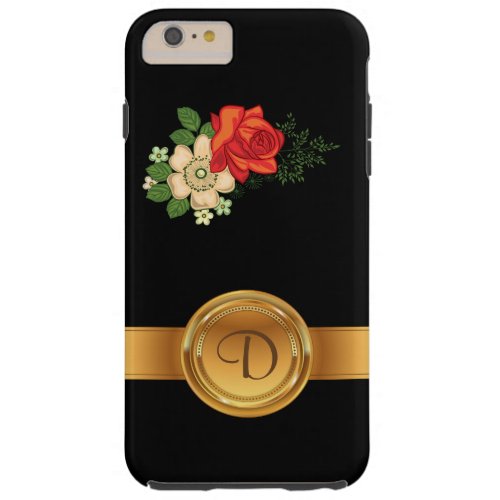 Red Rose and Daisies Gold Monogram Name Tough iPhone 6 Plus Case