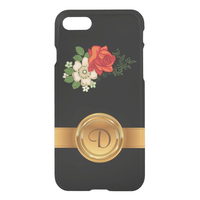 Red Rose and Daisies Gold Monogram Name Uncommon iPhone Case (Back)