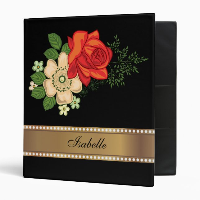 Red Rose and Daisies Gold Personalized Name Binder (Front/Inside)