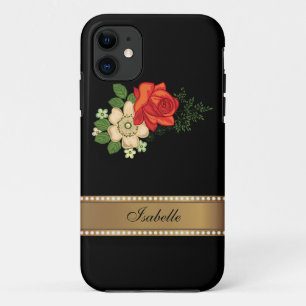Red Rose and Daisies Gold Personalized Name iPhone 11 Case