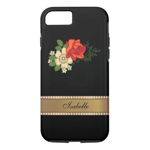 Red Rose and Daisies Gold Personalized Name iPhone 87 Case