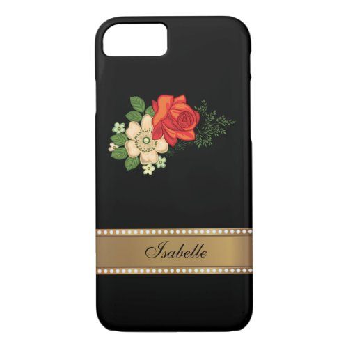 Red Rose and Daisies Gold Personalized Name iPhone 87 Case