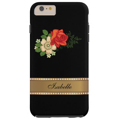Red Rose and Daisies Gold Personalized Name Tough iPhone 6 Plus Case