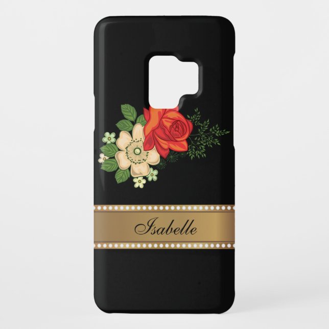 Red Rose and Daisies Gold Personalized Name Case-Mate Samsung Galaxy Case (Back)