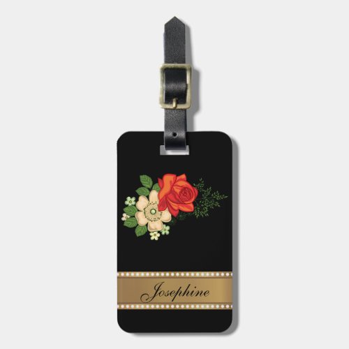 Red Rose and Daisies Gold Personalized Name Luggage Tag