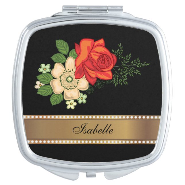 Red Rose and Daisies Gold Personalized Name Vanity Mirror (Front)