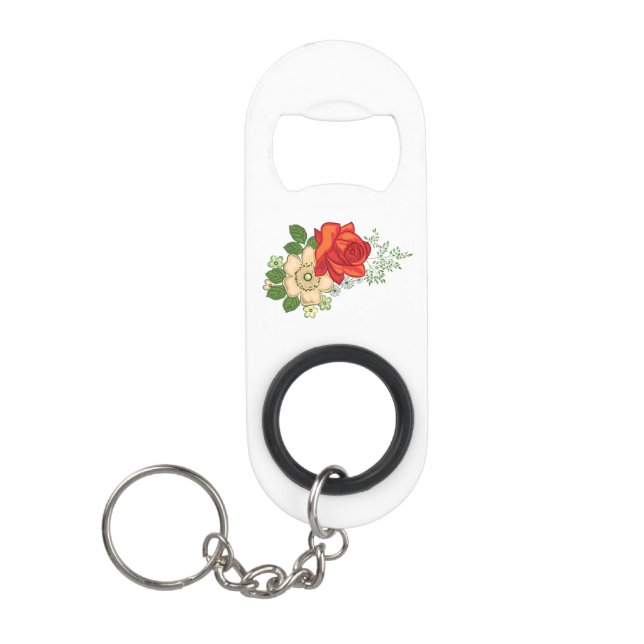 Red Rose and Daisies Keychain Bottle Opener (Front)