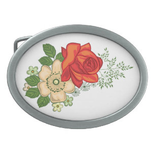 Red Rose and Daisies Oval Belt Buckle