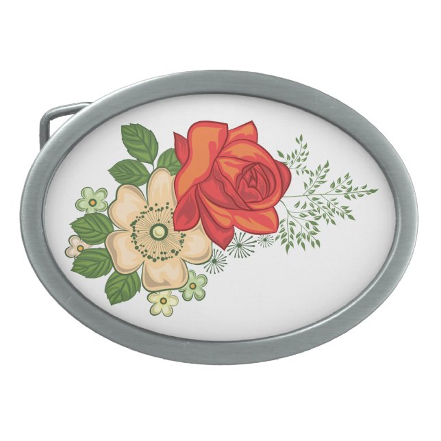 Red Rose and Daisies Oval Belt Buckle (Front)