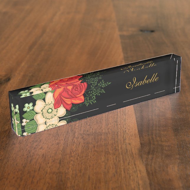 Red Rose and Daisies Personalized Name Black Name Plate (Side)