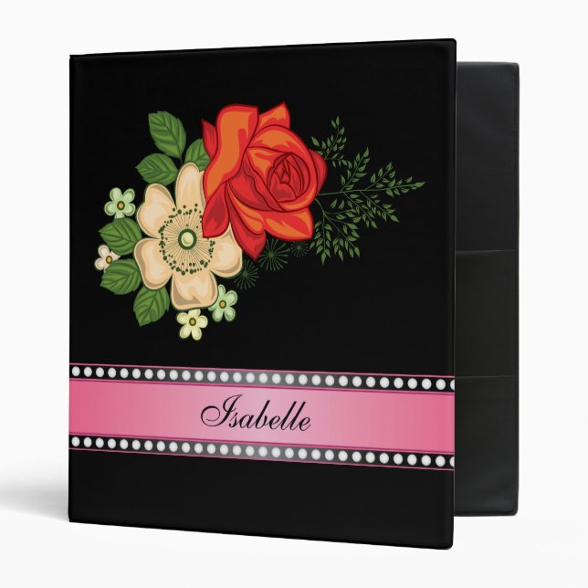 Red Rose and Daisies Pink Personalized Name Binder (Front/Inside)